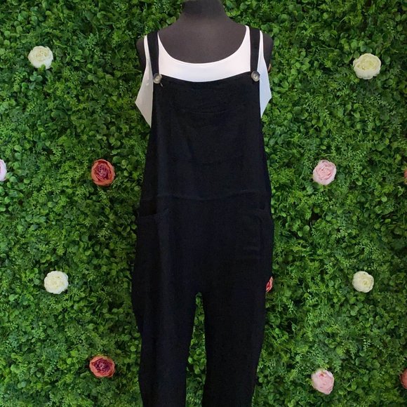 Umgee Pants - Linen Blend Overalls Black - Plus Sizes